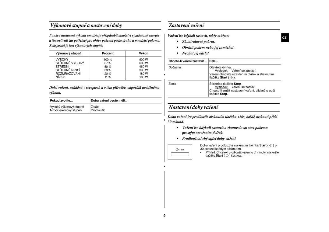Samsung CE137NEM-X/XEH Nastavení doby vaření, Výkonové stupně a nastavení doby Zastavení vaření, Výkonový stupeň Procent 