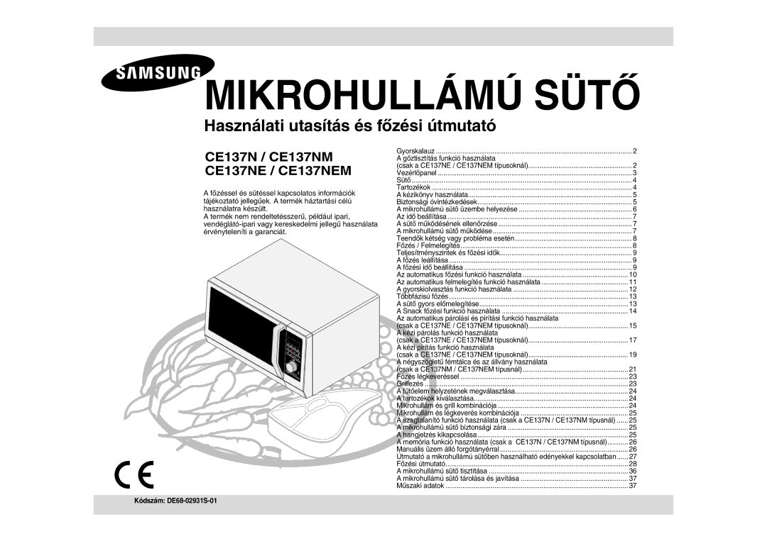 Samsung CE137NEM-X/XEH manual Kódszám DE68-02931S-01 