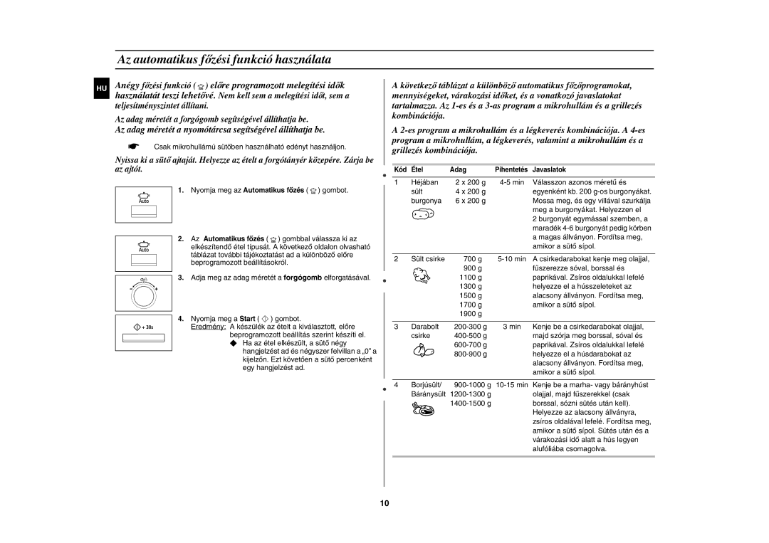 Samsung CE137NEM-X/XEH manual Az automatikus főzési funkció használata 