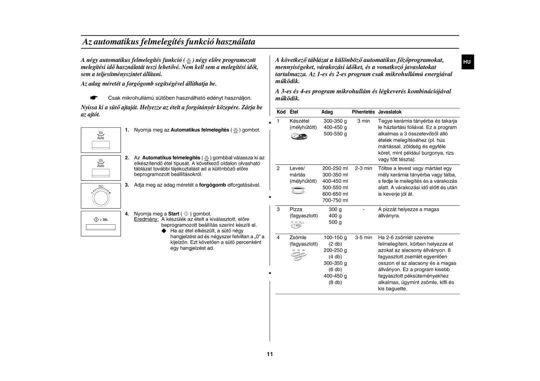 Samsung CE137NEM-X/XEH manual Az automatikus felmelegítés funkció használata 