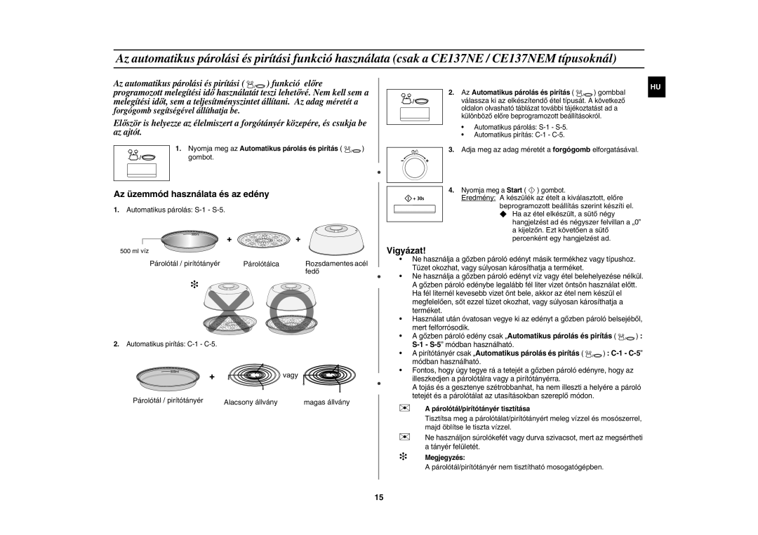 Samsung CE137NEM-X/XEH manual Automatikus párolás S-1 S-5, Párolótál / pirítótányér Párolótálca, Fedő, Vagy 