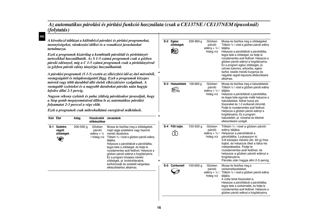 Samsung CE137NEM-X/XEH 200-500 g, Pároló, 200-800 g, Hideg víz, 150-500 g, Töltsön ½ l vizet a gőzben pároló, 100-600 g 
