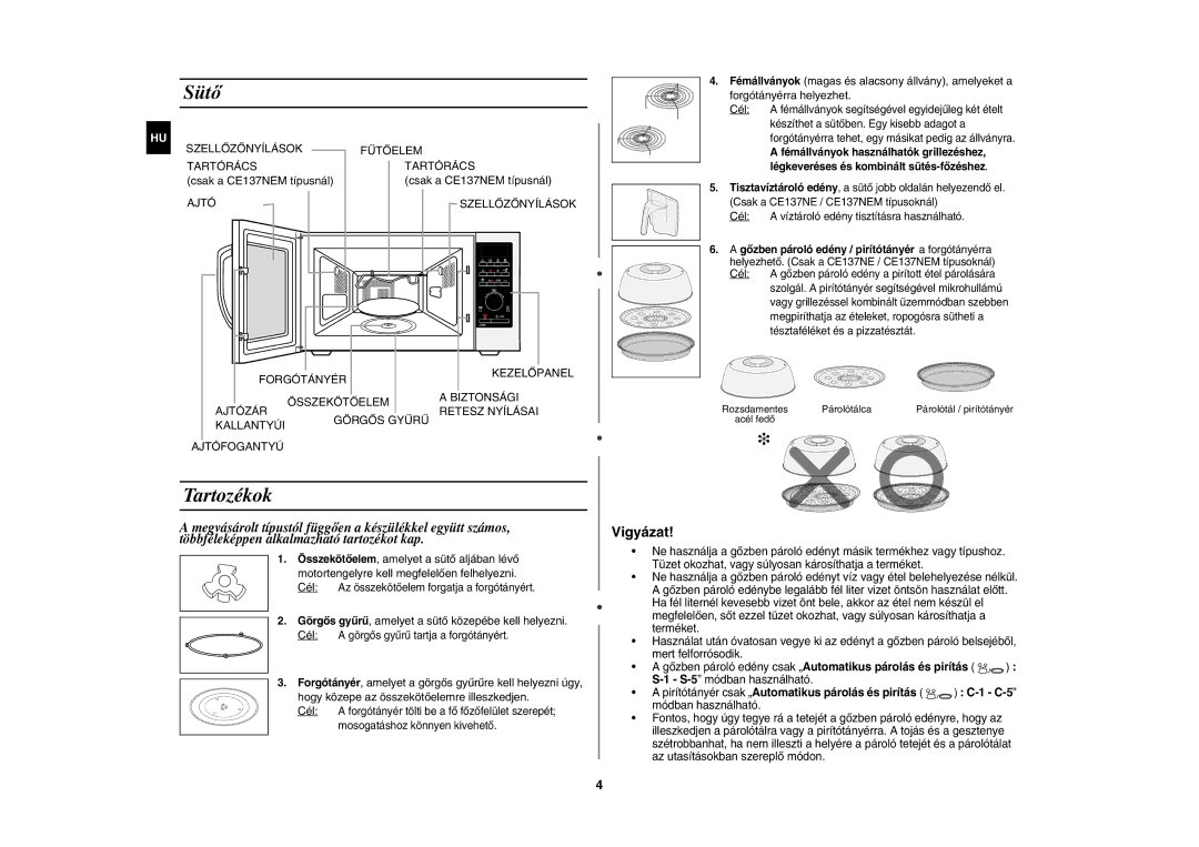 Samsung CE137NEM-X/XEH manual Sütő, Tartozékok, Cél 