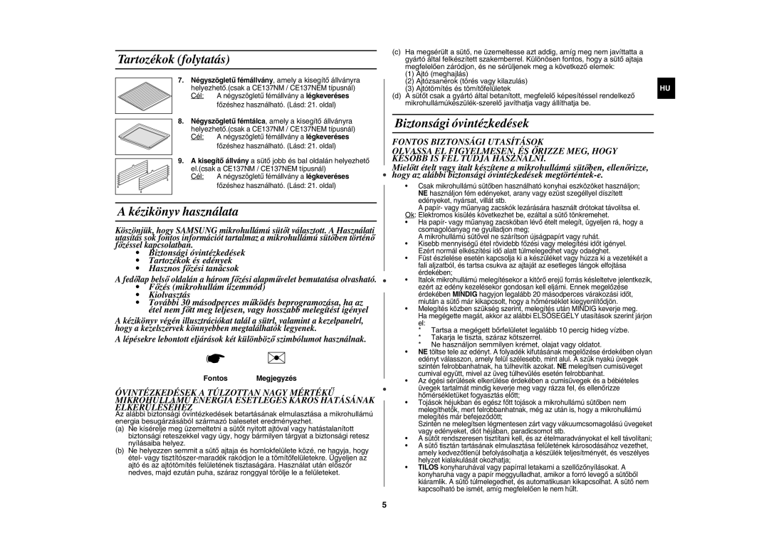 Samsung CE137NEM-X/XEH manual Tartozékok folytatás, Kézikönyv használata, Biztonsági óvintézkedések, FontosMegjegyzés 