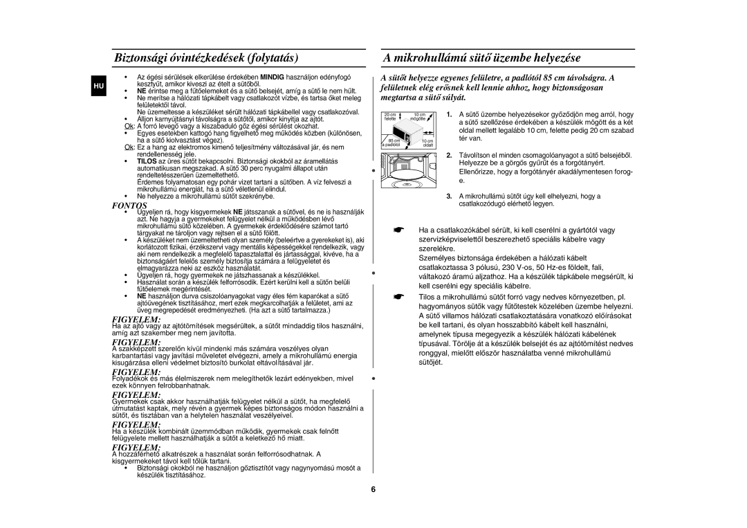 Samsung CE137NEM-X/XEH manual Biztonsági óvintézkedések folytatás, Mikrohullámú sütő üzembe helyezése, Fontos, Figyelem 