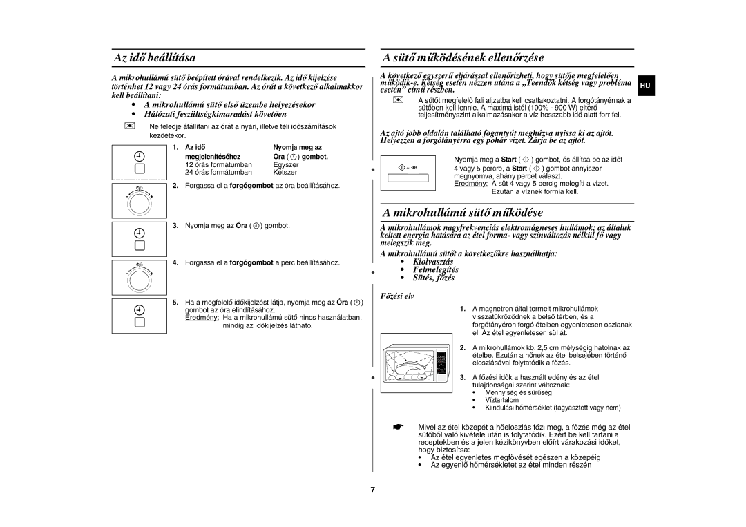 Samsung CE137NEM-X/XEH manual Az idő beállítása, Sütő működésének ellenőrzése, Mikrohullámú sütő működése 