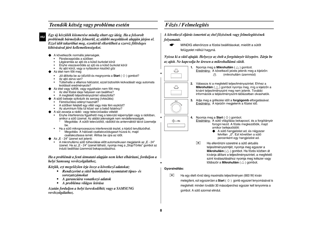 Samsung CE137NEM-X/XEH manual Teendők kétség vagy probléma esetén, Főzés / Felmelegítés, Gyorsindítás 