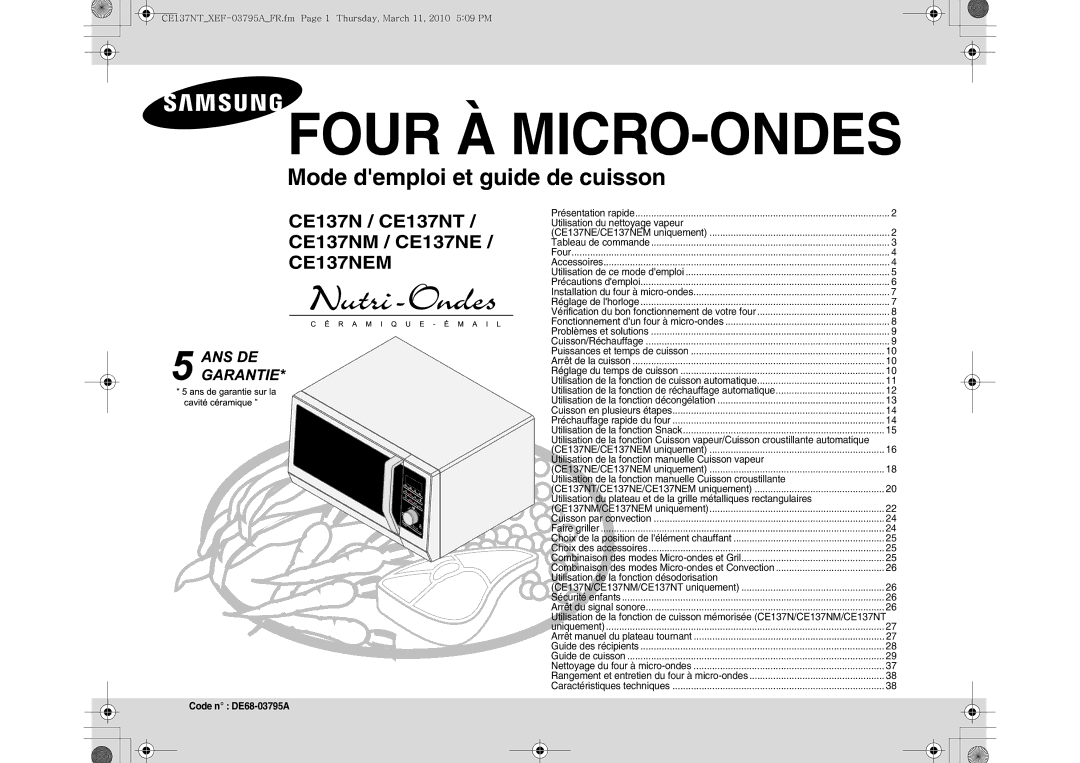 Samsung CE137NT/XEF manual Code n DE68-03795A, Utilisation du nettoyage vapeur, Utilisation de la fonction désodorisation 