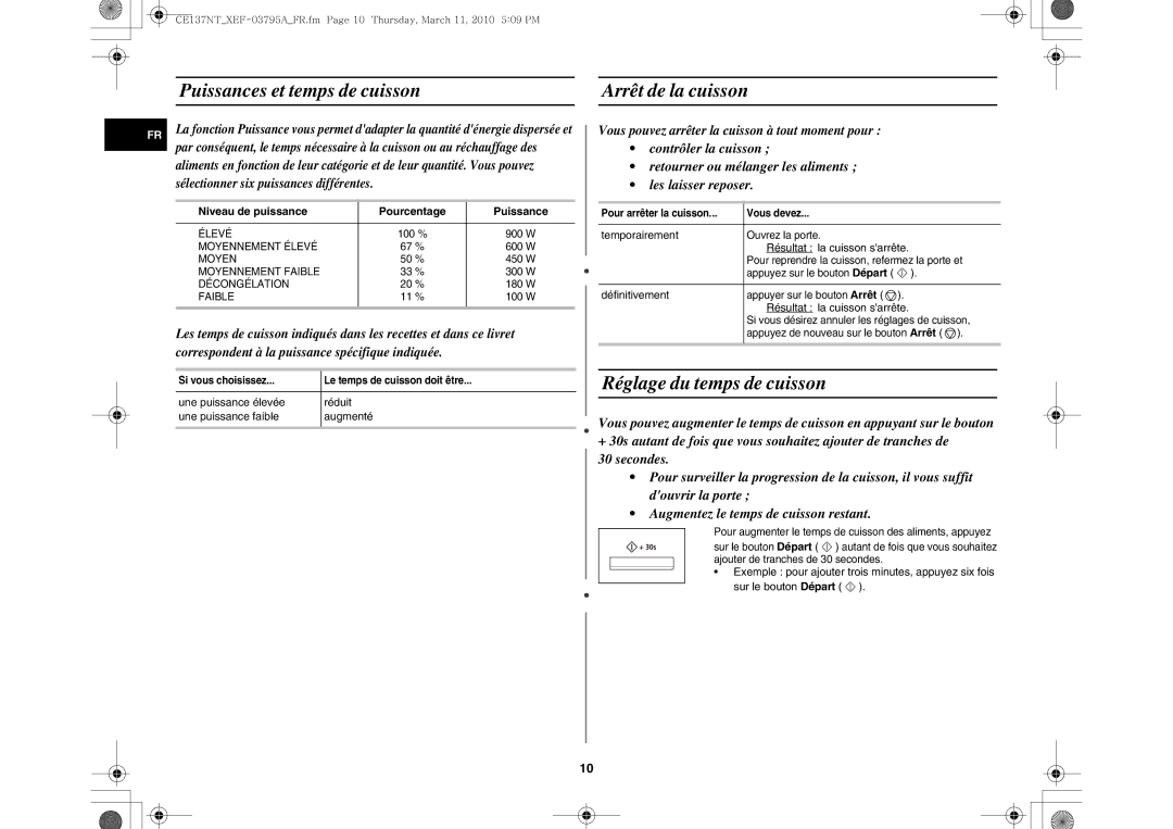 Samsung CE137NT/XEF manual Puissances et temps de cuisson Arrêt de la cuisson, Réglage du temps de cuisson 