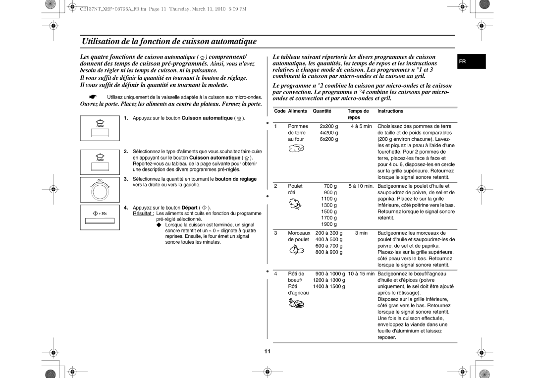 Samsung CE137NT/XEF manual Utilisation de la fonction de cuisson automatique 