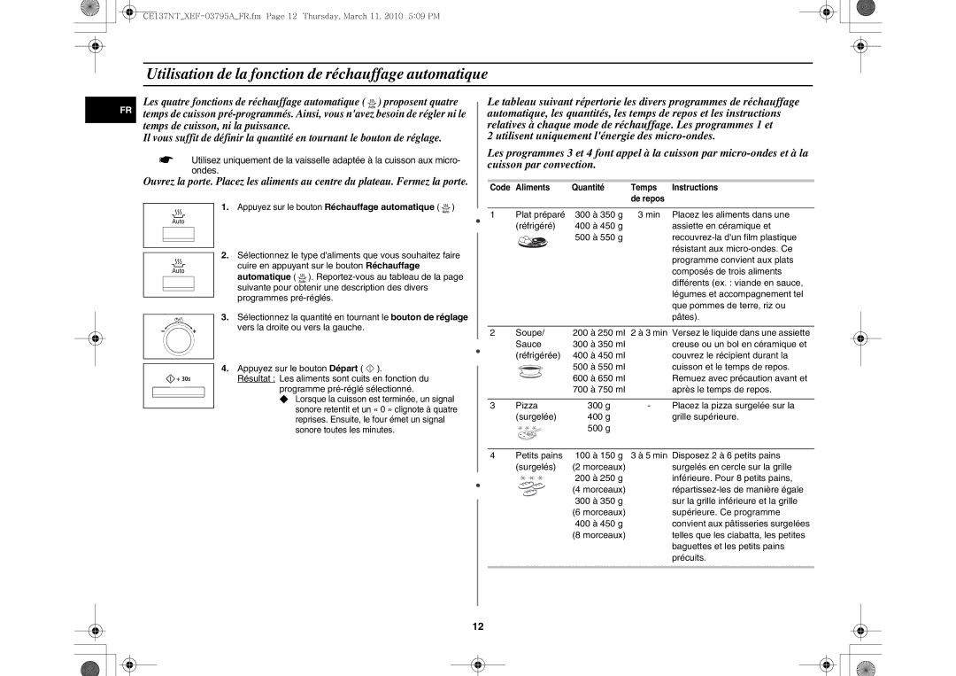 Samsung CE137NT/XEF manual Utilisation de la fonction de réchauffage automatique 