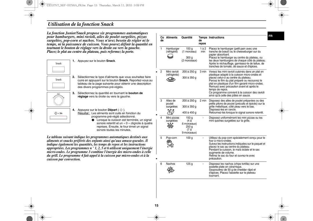 Samsung CE137NT/XEF manual Utilisation de la fonction Snack, Aliments Quantité 