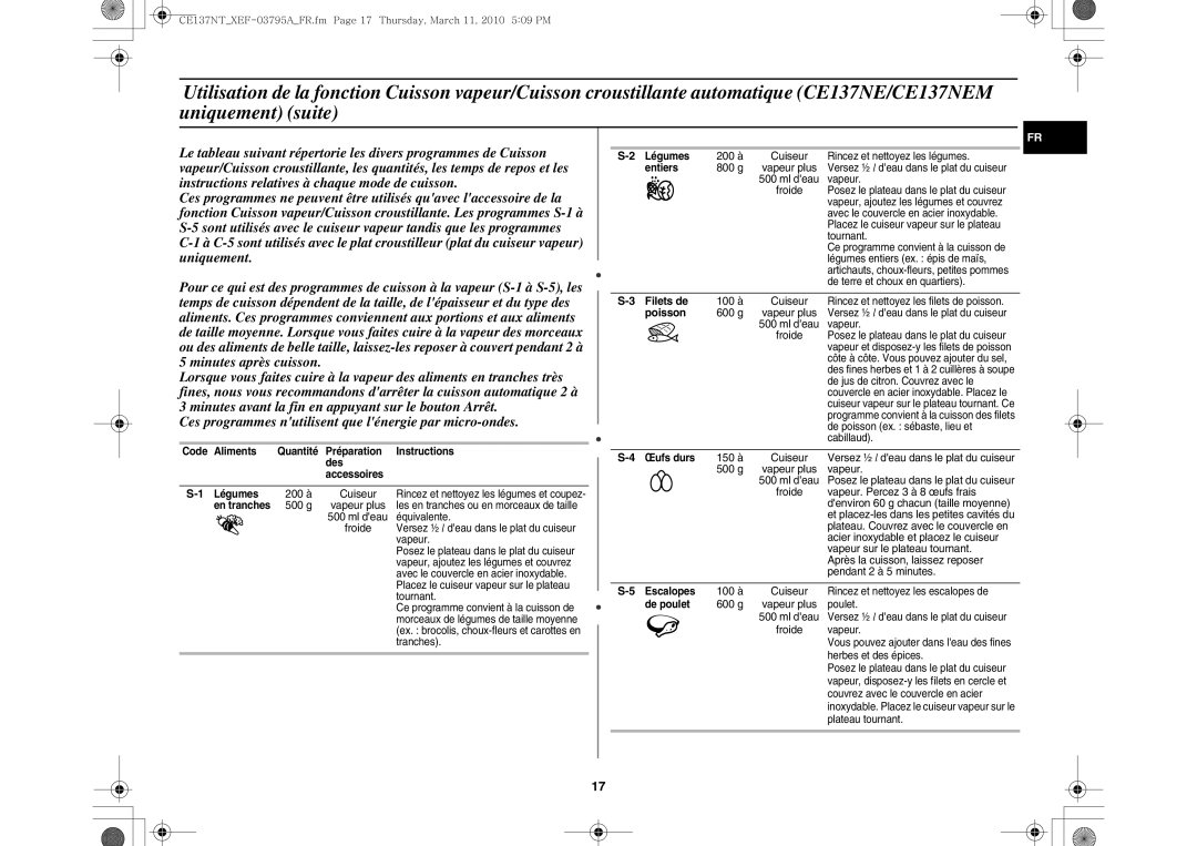 Samsung CE137NT/XEF manual Préparation Instructions Des Accessoires Légumes, En tranches, Entiers, Filets de, Œufs durs 