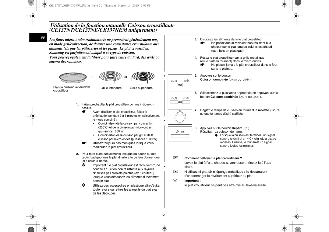 Samsung CE137NT/XEF manual Cuisson combinée ou, Bouton Cuisson combinée,  Comment nettoyer le plat croustilleur ? 