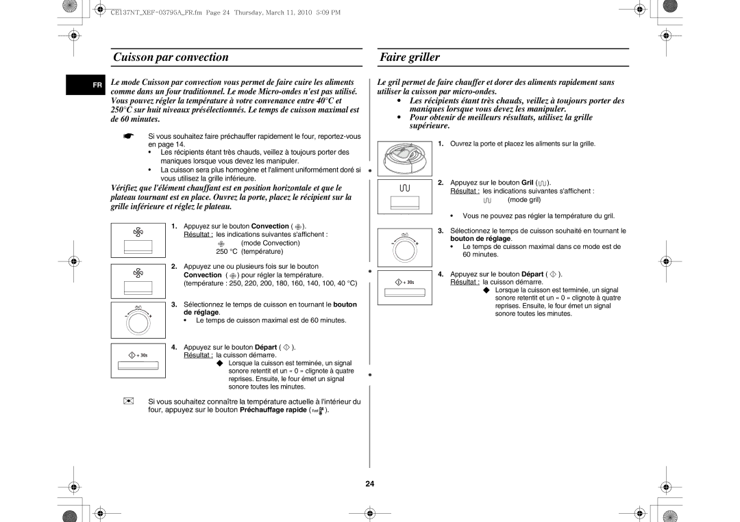 Samsung CE137NT/XEF manual Cuisson par convection Faire griller, Bouton de réglage 