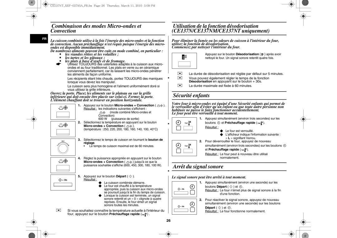 Samsung CE137NT/XEF manual Combinaison des modes Micro-ondes et, Convection, Sécurité enfants, Arrêt du signal sonore 