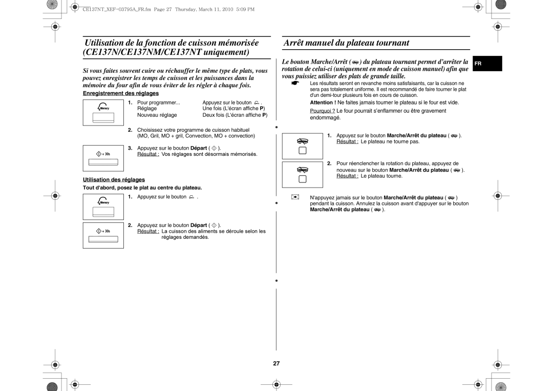 Samsung CE137NT/XEF manual Arrêt manuel du plateau tournant, Enregistrement des réglages, Réglage, Nouveau réglage 