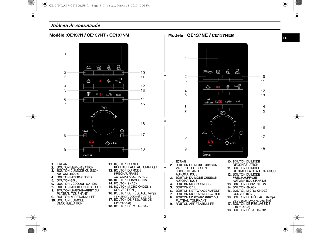 Samsung CE137NT/XEF manual Tableau de commande, Bouton DE Réglage temps de cuisson, poids et quantité, Bouton DÉPART/+ 30s 