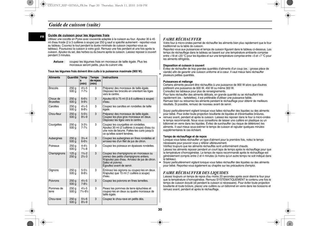 Samsung CE137NT/XEF Guide de cuisson suite, Faire Réchauffer DES Liquides, Guide de cuisson pour les légumes frais 