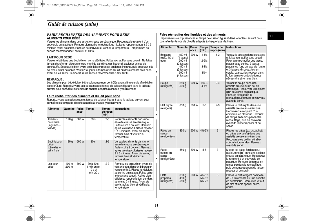 Samsung CE137NT/XEF manual Faire Réchauffer DES Aliments Pour Bébé, Faire réchauffer des aliments et du lait pour bébé 