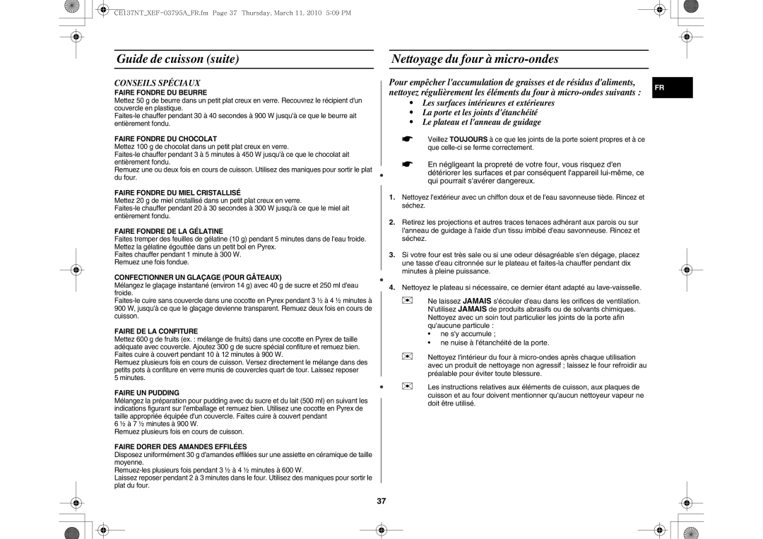 Samsung CE137NT/XEF manual Guide de cuisson suite Nettoyage du four à micro-ondes, Conseils Spéciaux 