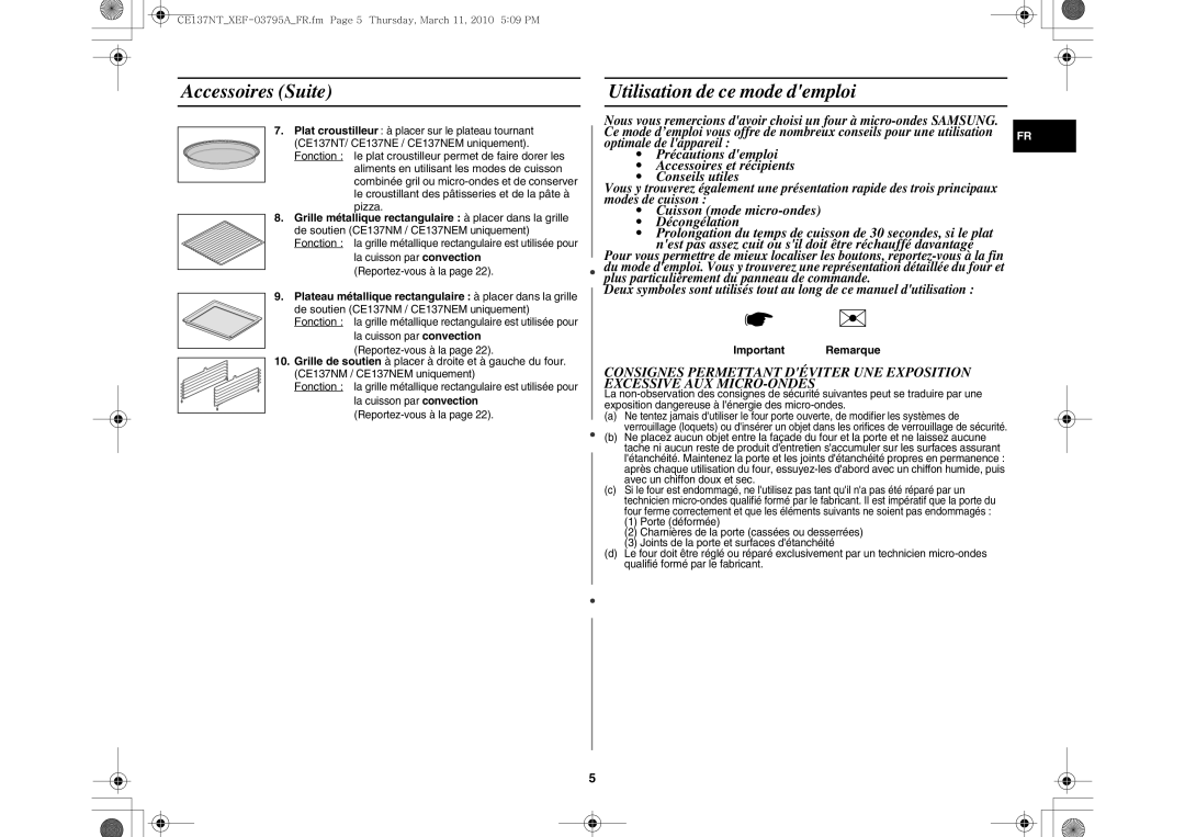 Samsung CE137NT/XEF manual Accessoires Suite Utilisation de ce mode demploi, Important Remarque 