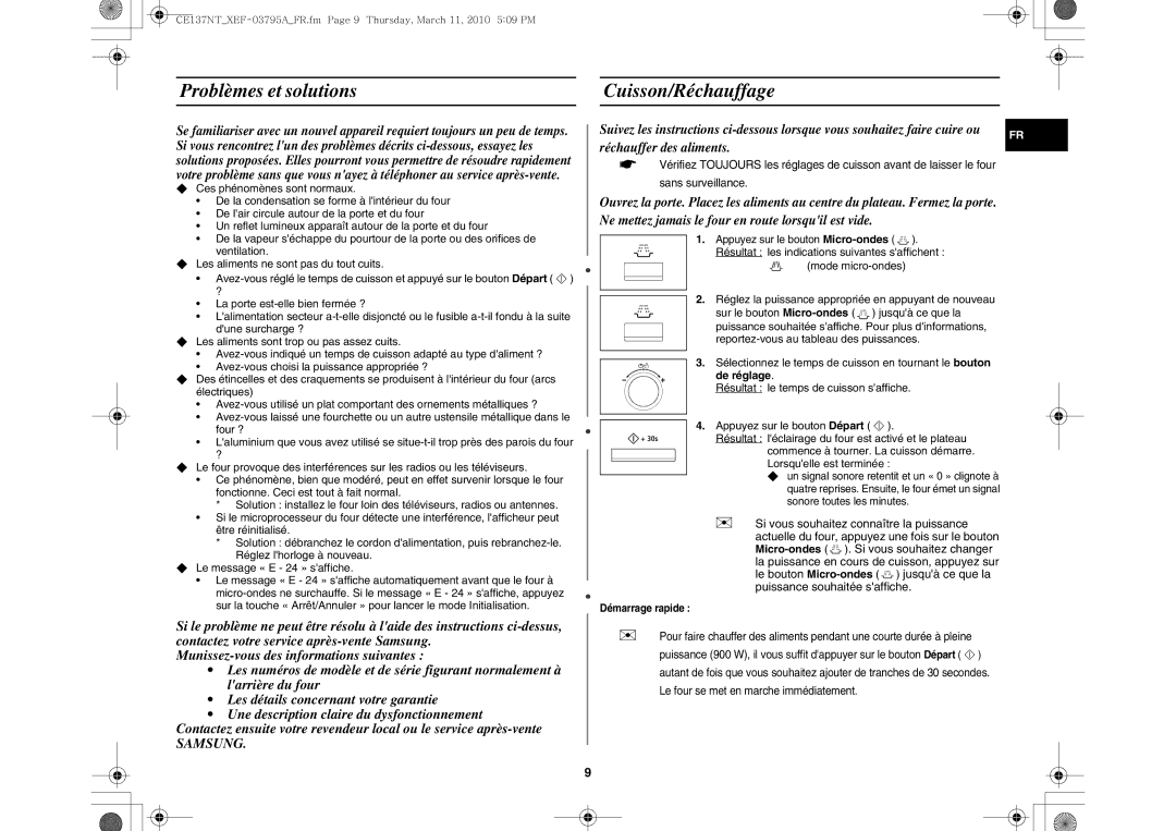 Samsung CE137NT/XEF manual Problèmes et solutions Cuisson/Réchauffage, Samsung, Démarrage rapide 