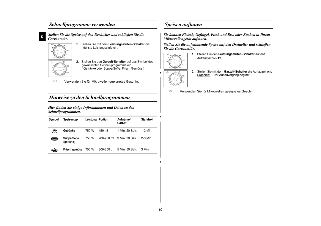 Samsung CE2618N manual Schnellprogramme verwenden, Hinweise zu den Schnellprogrammen, Speisen auftauen 