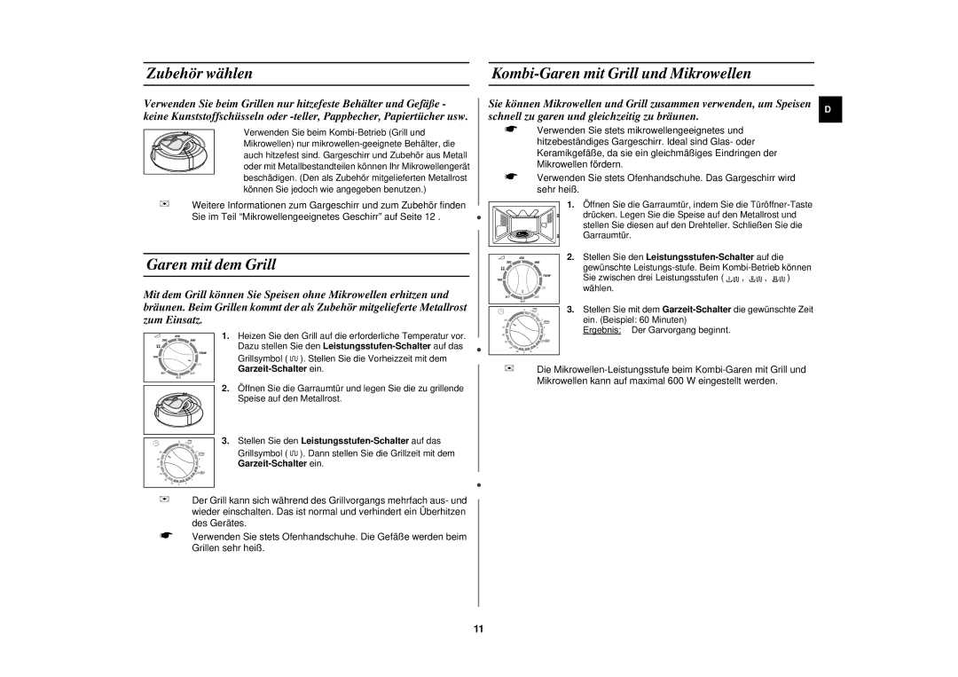Samsung CE2618N manual Zubehör wählen Kombi-Garen mit Grill und Mikrowellen, Garen mit dem Grill, Garzeit-Schalter ein 