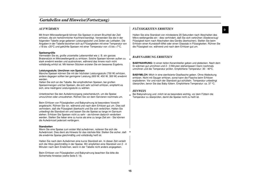 Samsung CE2618N manual Aufwärmen, Babynahrung Erhitzen, Hinweis, Speisengröße, Leistungsstufe Umrühren von Speisen 