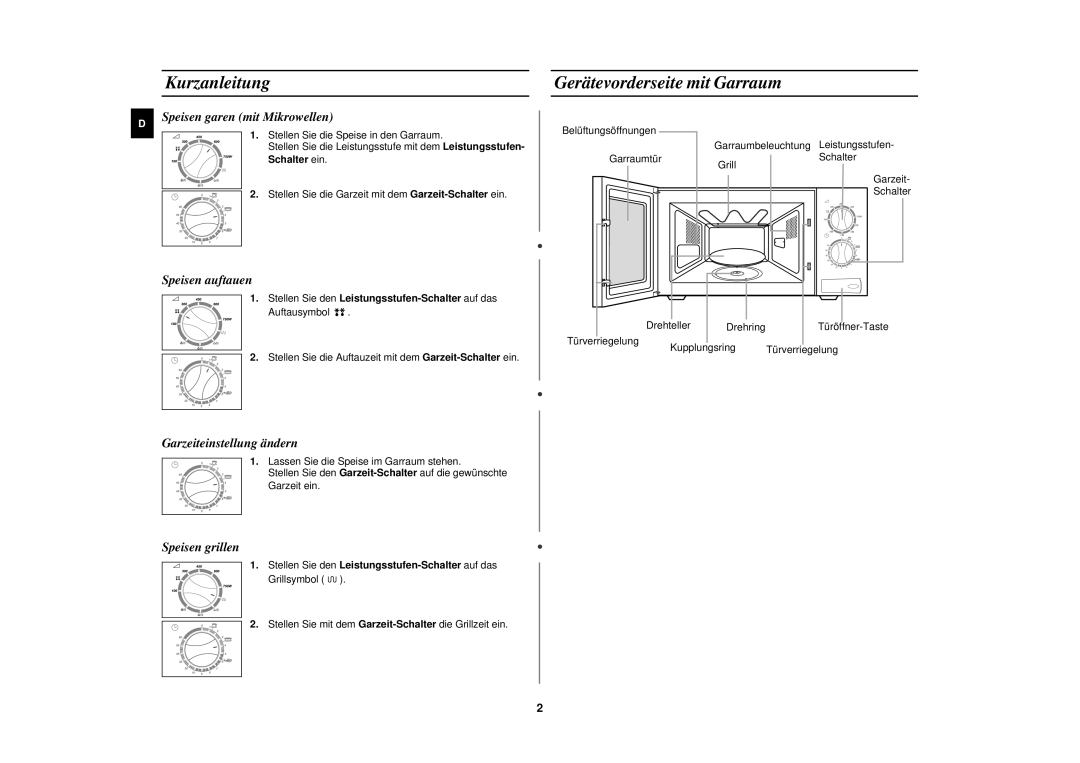 Samsung CE2618N Kurzanleitung Gerätevorderseite mit Garraum, Stellen Sie den Leistungsstufen-Schalter auf das Grillsymbol 