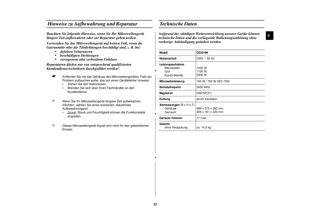 Samsung CE2618N manual Hinweise zu Aufbewahrung und Reparatur, Technische Daten 