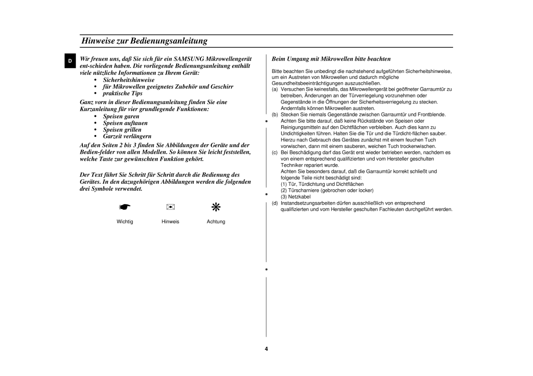 Samsung CE2618N manual Hinweise zur Bedienungsanleitung 