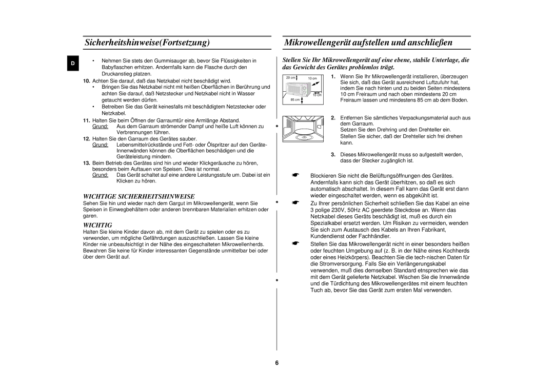 Samsung CE2618N SicherheitshinweiseFortsetzung, Mikrowellengerät aufstellen und anschließen, Wichtige Sicherheitshinweise 