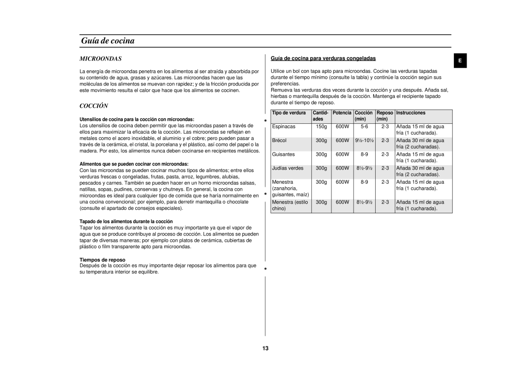 Samsung CE2618N/XEC manual Microondas, Cocción, Tiempos de reposo, Guía de cocina para verduras congeladas 