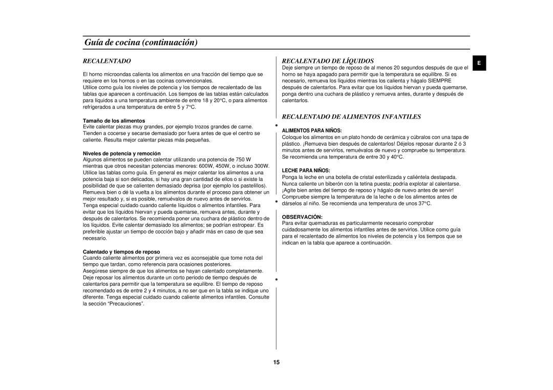 Samsung CE2618N/XEC manual Recalentado DE Líquidos, Recalentado DE Alimentos Infantiles, Observación 