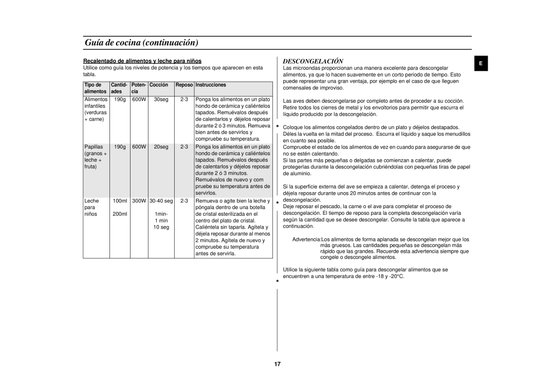 Samsung CE2618N/XEC manual Descongelación, Recalentado de alimentos y leche para niños 