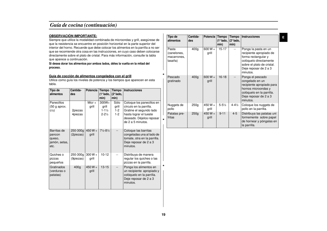 Samsung CE2618N/XEC manual Guía de cocción de alimentos congelados con el grill 