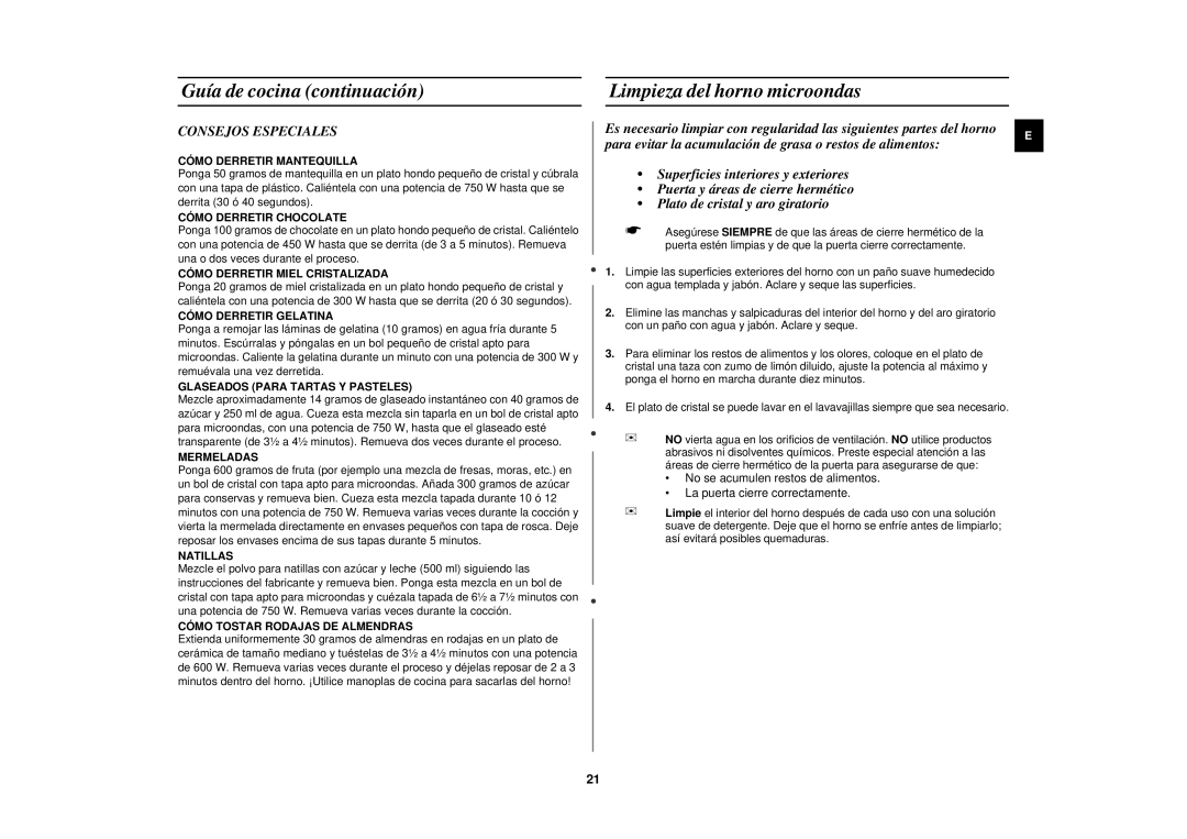 Samsung CE2618N/XEC manual Limpieza del horno microondas, Consejos Especiales 