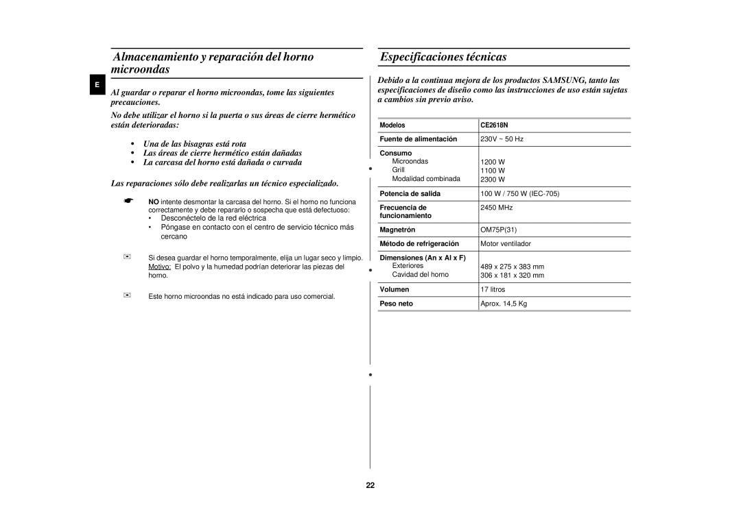 Samsung CE2618N/XEC manual Almacenamiento y reparación del horno microondas, Especificaciones técnicas 