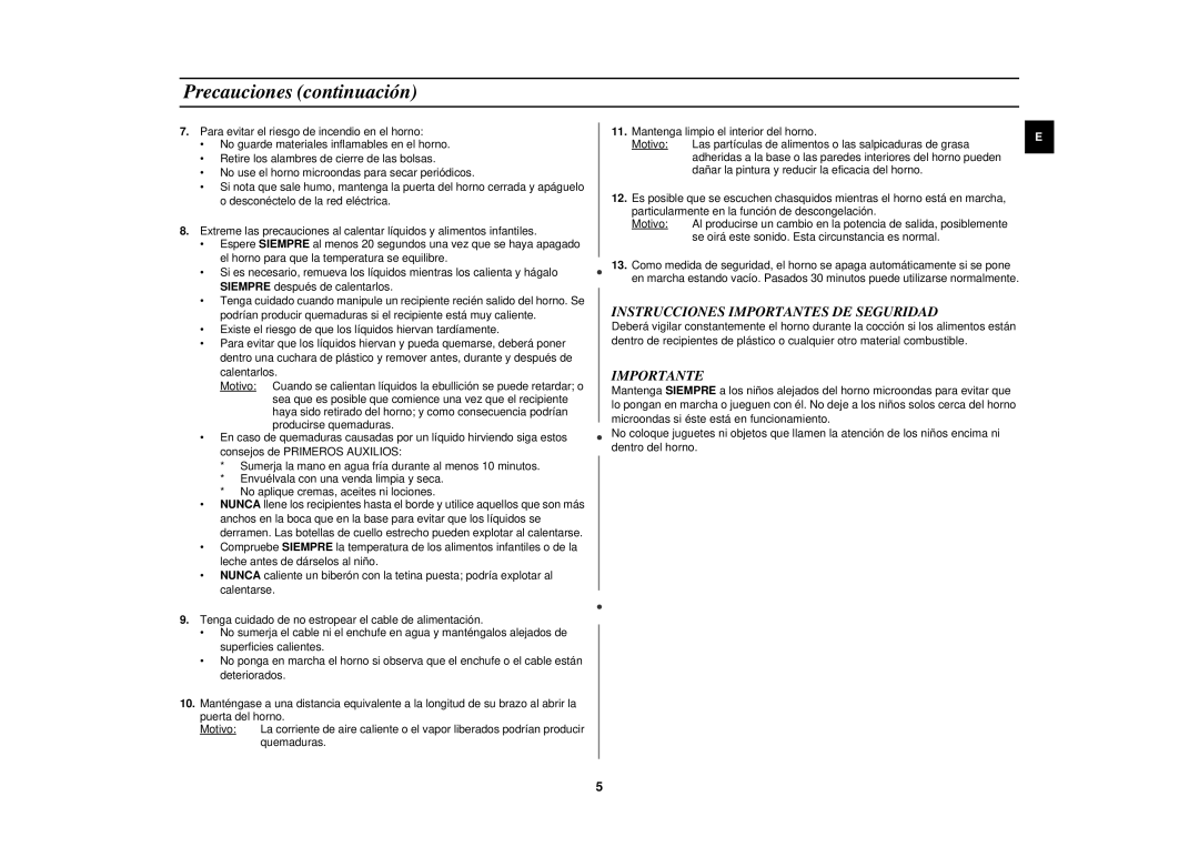 Samsung CE2618N/XEC manual Precauciones continuación, Instrucciones Importantes DE Seguridad 