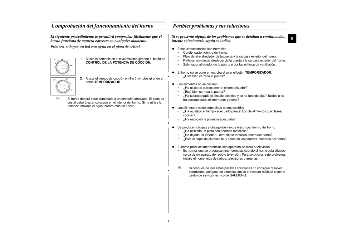 Samsung CE2618N/XEC manual Comprobación del funcionamiento del horno, Posibles problemas y sus soluciones 