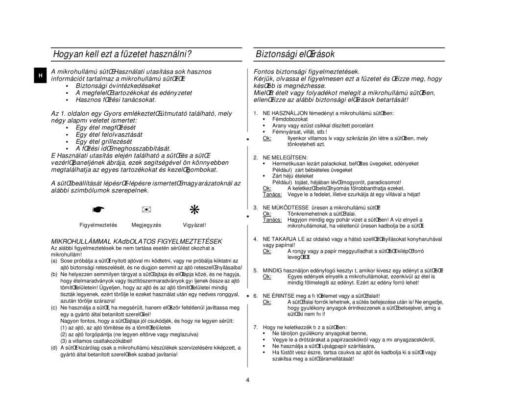 Samsung CE2618N/XEH Hogyan kell ezt a füzetet használni?, Biztonsági elŒírások, Mikrohullámmal KAdbOLATOS Figyelmeztetések 