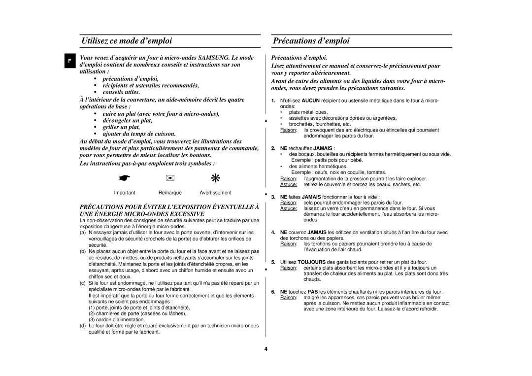 Samsung CE2618N/XEN manual Utilisez ce mode d’emploi, Précautions d’emploi 