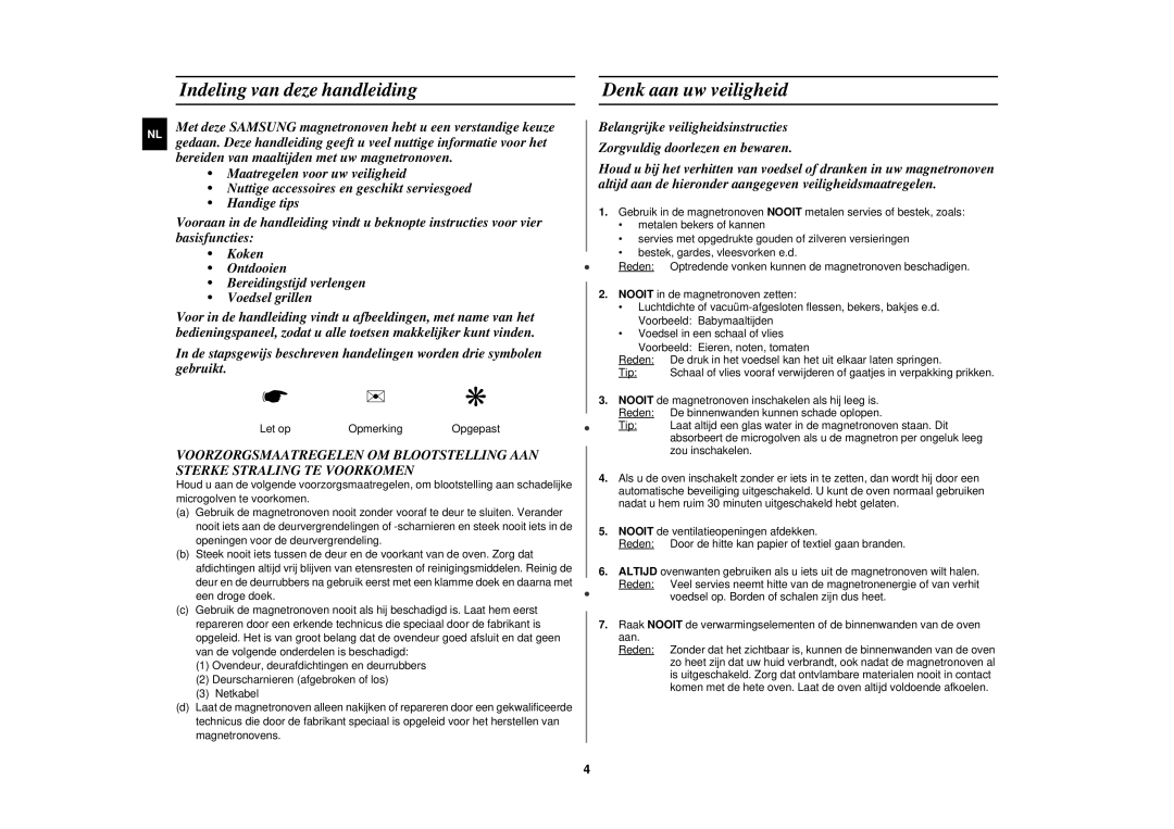 Samsung CE2618N/XEN manual Indeling van deze handleiding, Denk aan uw veiligheid 