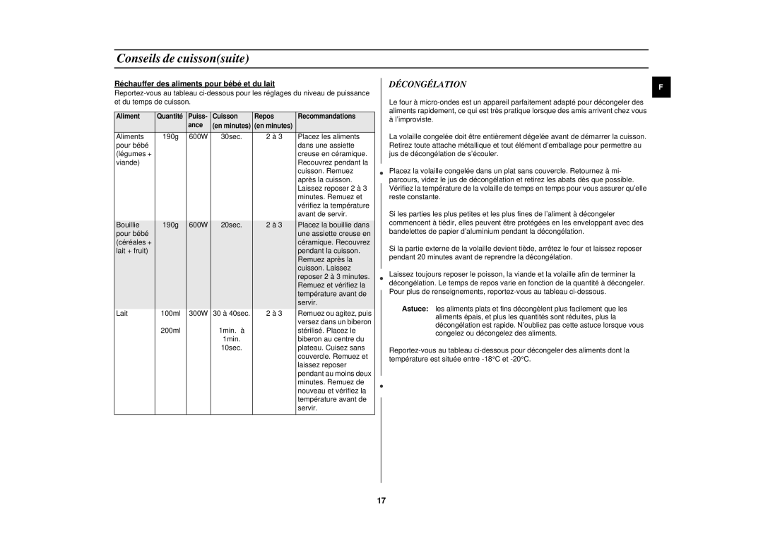 Samsung CE2618N/XEN manual Décongélation, Réchauffer des aliments pour bébé et du lait 