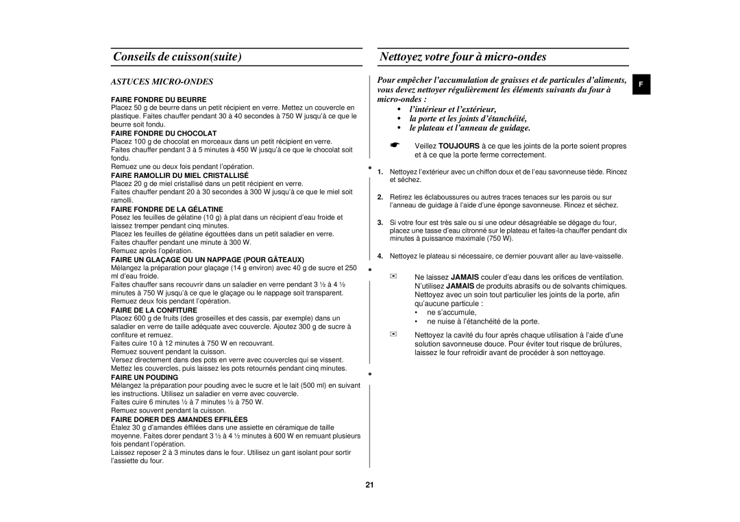 Samsung CE2618N/XEN manual Nettoyez votre four à micro-ondes, Astuces MICRO-ONDES 