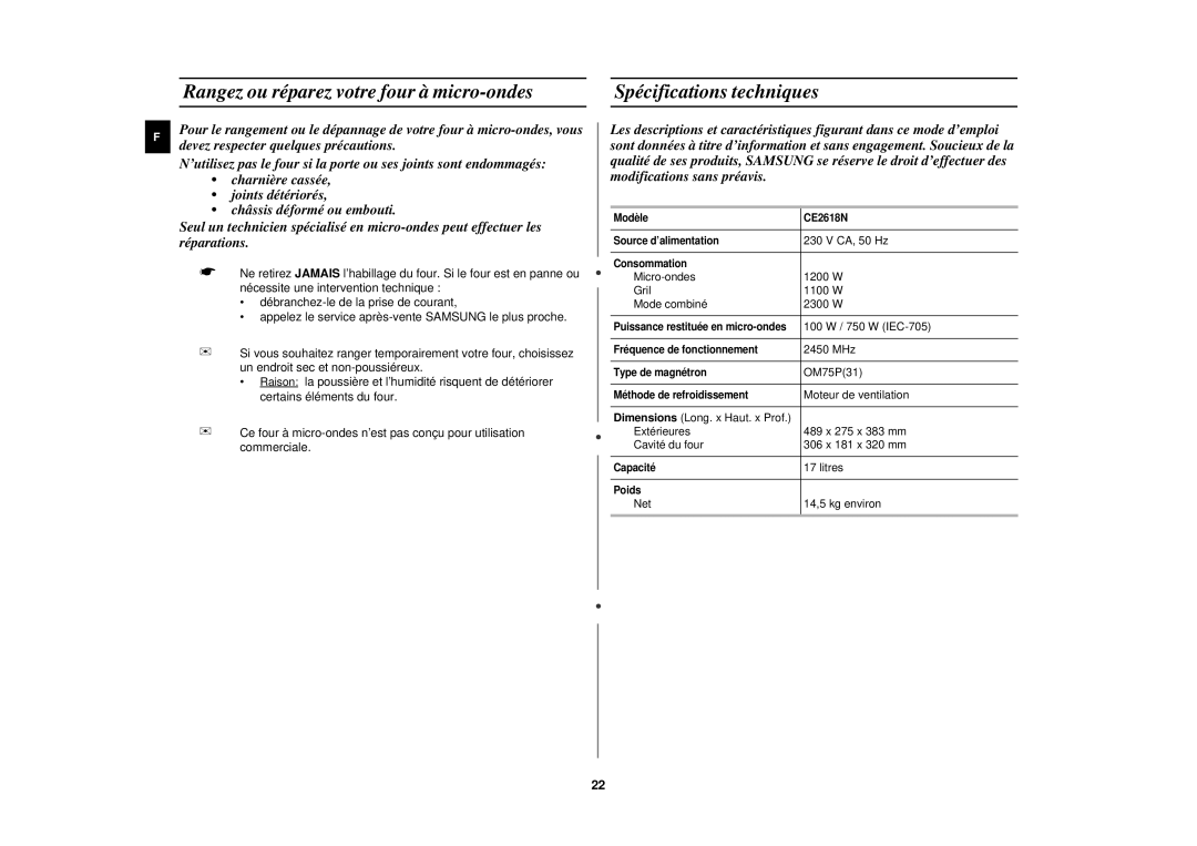 Samsung CE2618N/XEN manual CA, 50 Hz 