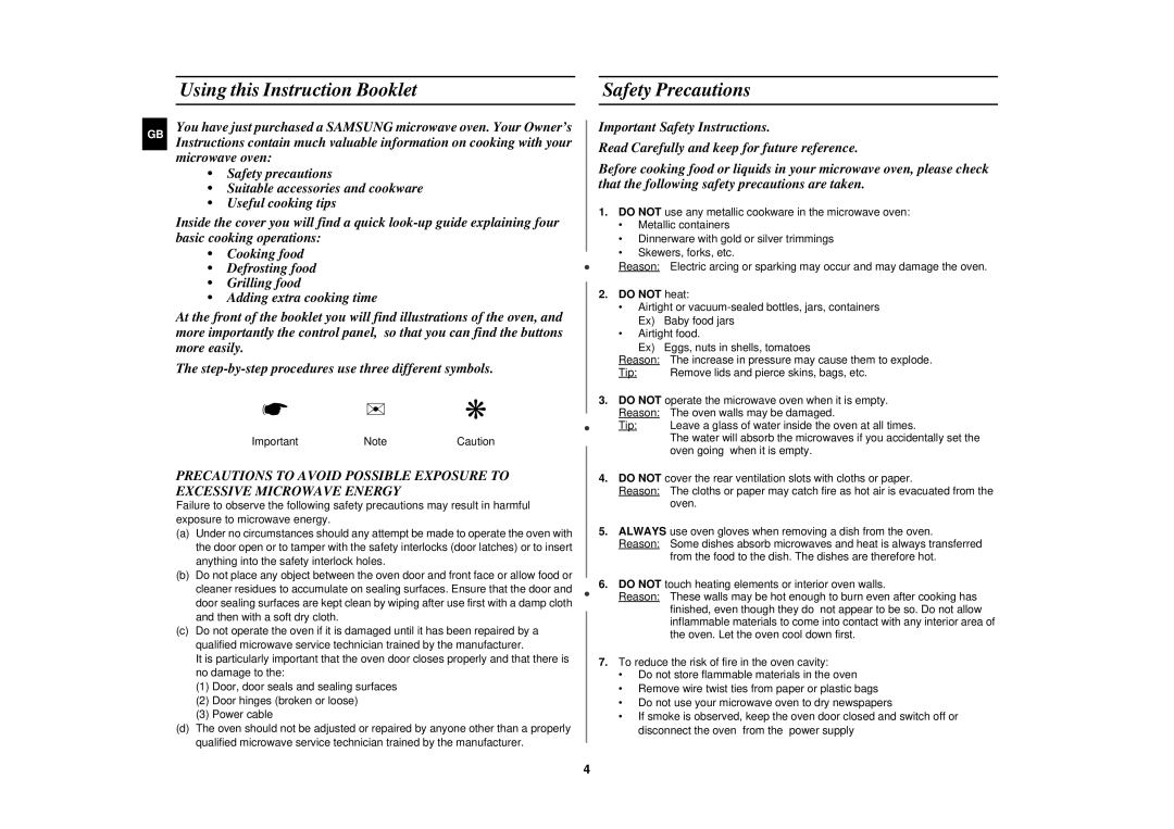 Samsung CE2618N/XEN manual Using this Instruction Booklet, Safety Precautions, Do not heat 