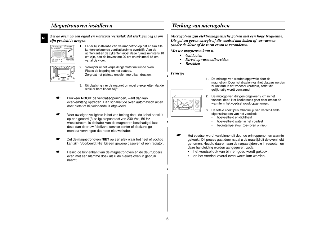 Samsung CE2618N/XEN manual Magnetronoven installeren Werking van microgolven, Zijn gewicht te dragen 